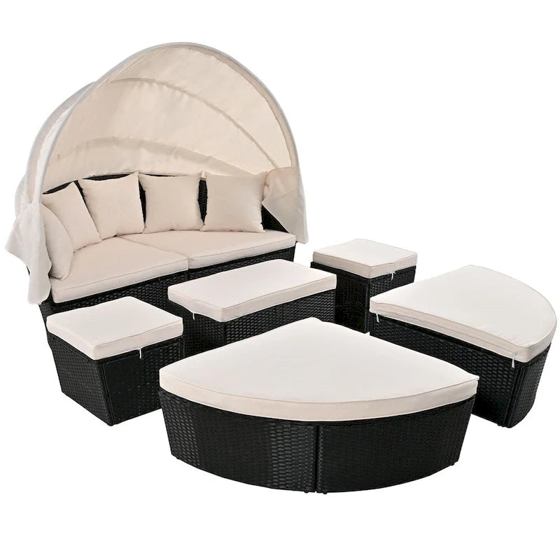 Outdoor Rattan Daybed with Retractable Canopy and Washable Cushions