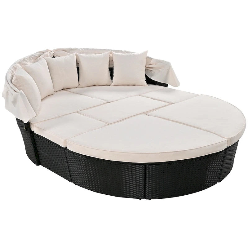 Outdoor Rattan Daybed with Retractable Canopy and Washable Cushions