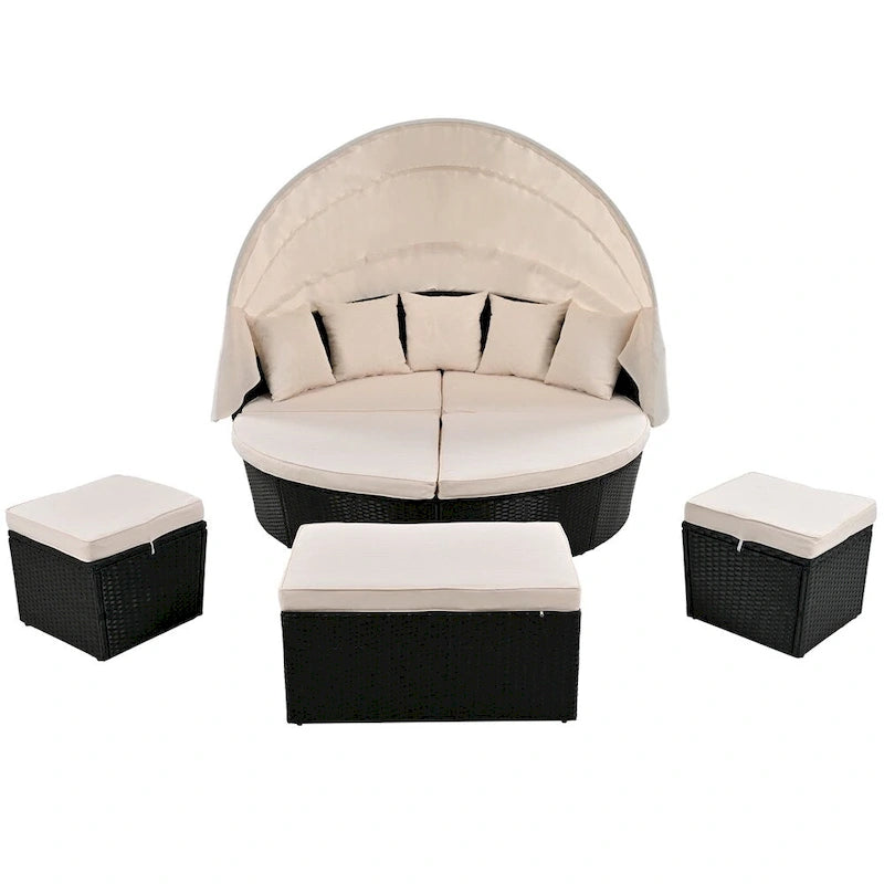 Outdoor Rattan Daybed with Retractable Canopy and Washable Cushions