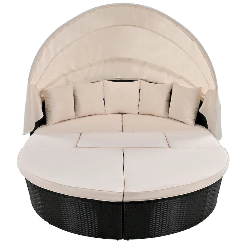 Outdoor Rattan Daybed with Retractable Canopy and Washable Cushions