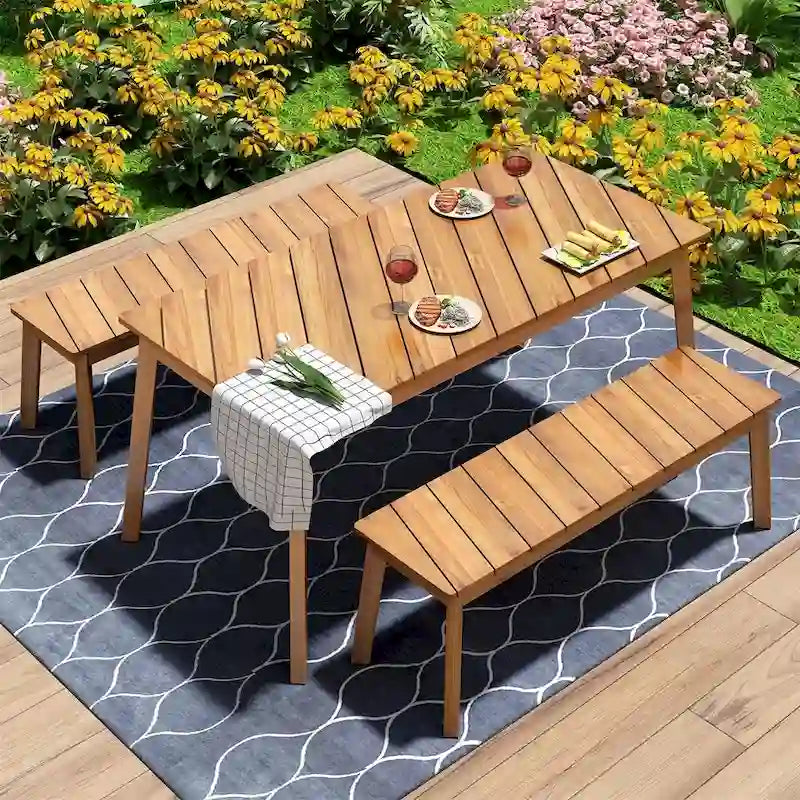 3 Pieces Outdoor Acacia Wood Dining Set with 2 Benches and Table