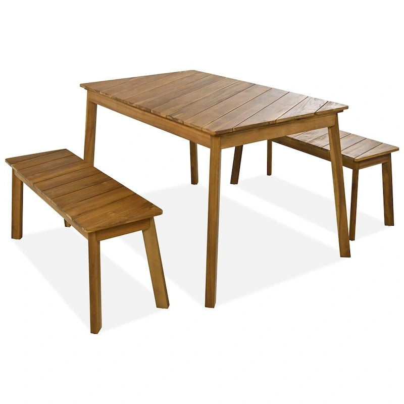 3 Pieces Outdoor Acacia Wood Dining Set with 2 Benches and Table