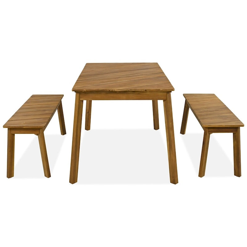 3 Pieces Outdoor Acacia Wood Dining Set with 2 Benches and Table