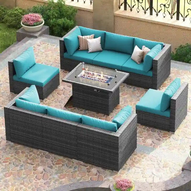 FINCATI 9-piece Extra Large High Back Outdoor Patio Furniture Sectional Conversation Sofa Set with Fire Pit Table