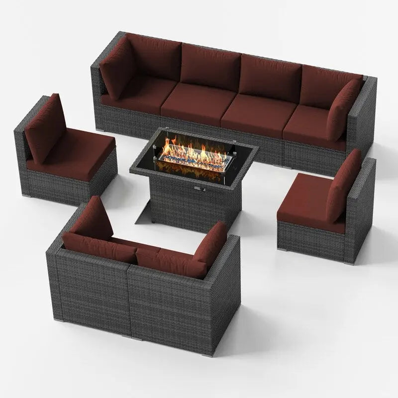 FINCATI 9-piece Extra Large High Back Outdoor Patio Furniture Sectional Conversation Sofa Set with Fire Pit Table