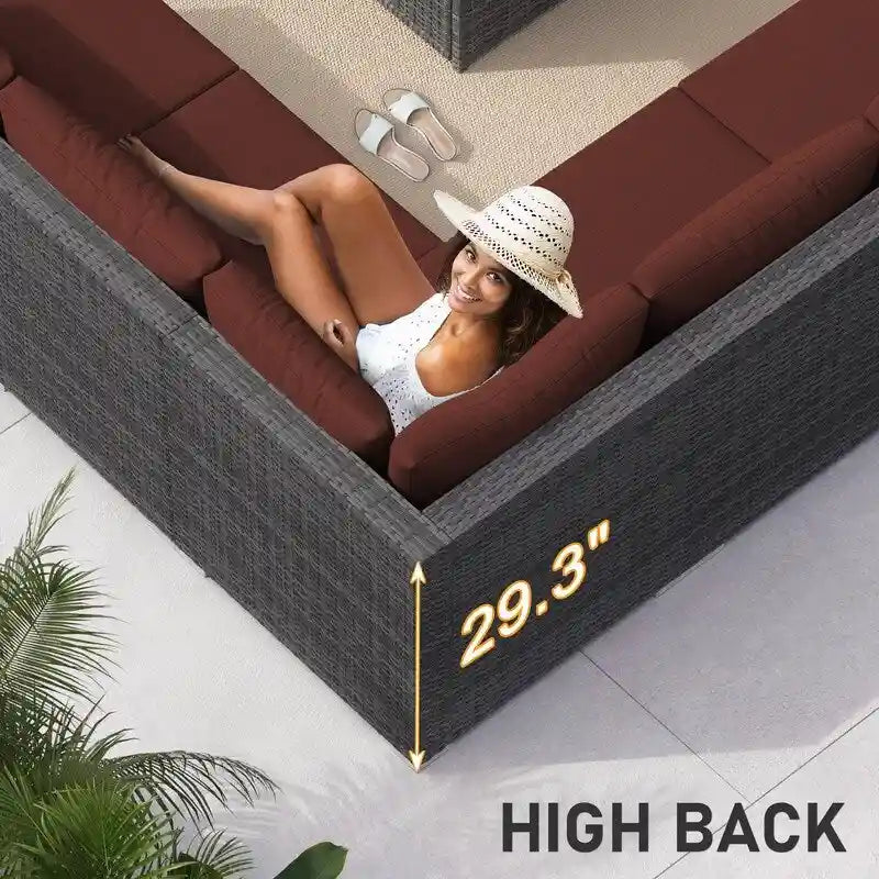 FINCATI 9-piece Extra Large High Back Outdoor Patio Furniture Sectional Conversation Sofa Set with Fire Pit Table