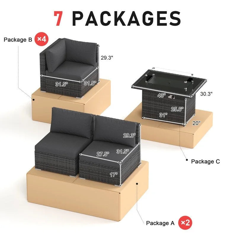 FINCATI 9-piece Extra Large High Back Outdoor Patio Furniture Sectional Conversation Sofa Set with Fire Pit Table