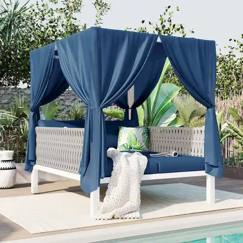 Outdoor Patio Sunbed with Curtains