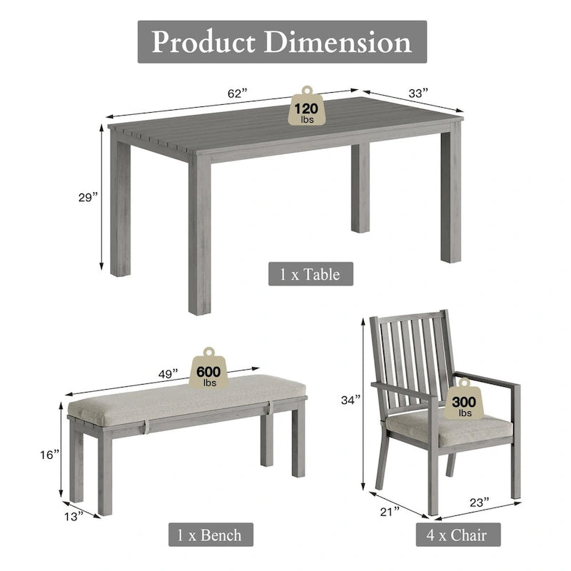 6 Pieces Patio Dining Sets Aluminum Outdoor Dining Table with 4 Chairs and Bench