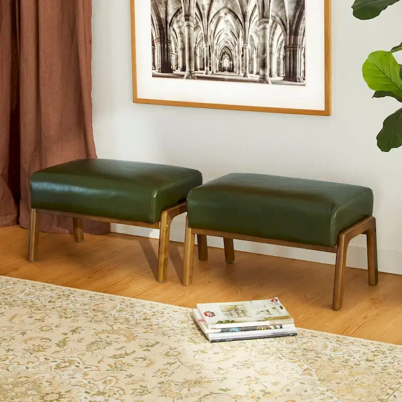 Glitzhome Set of 2 Mid-century Leatherette Ottoman Accent Stools