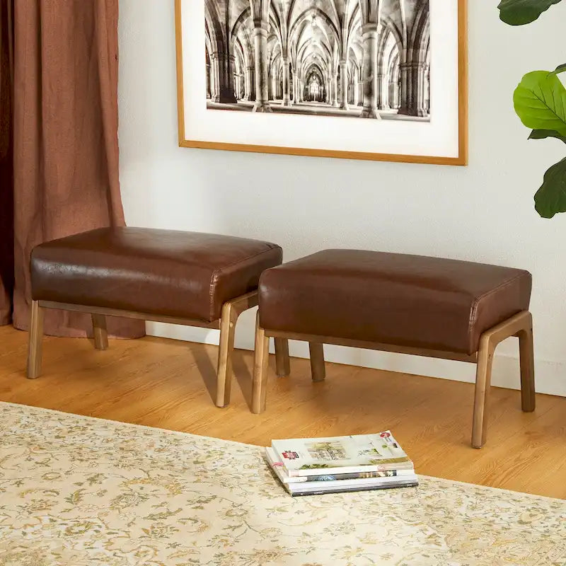 Glitzhome Set of 2 Mid-century Leatherette Ottoman Accent Stools