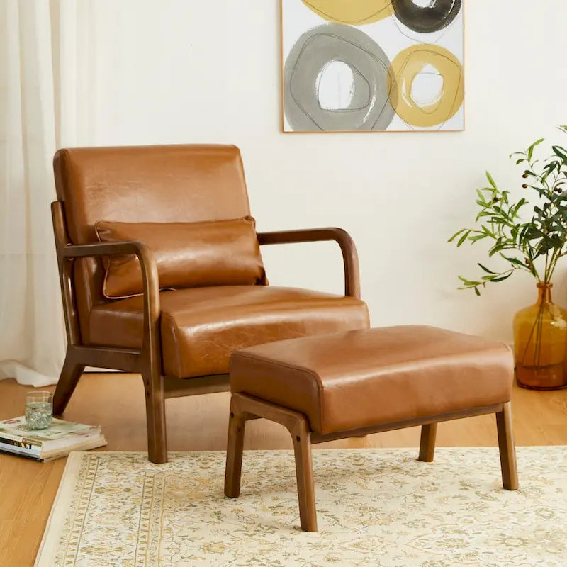 Glitzhome Set of 2 Mid-century Leatherette Ottoman Accent Stools