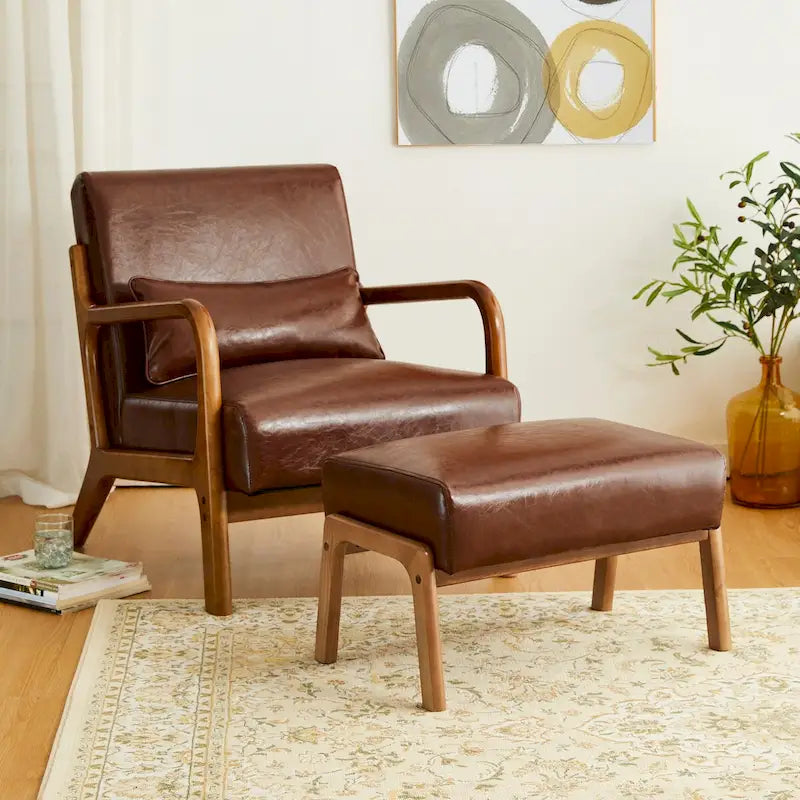 Glitzhome Set of 2 Mid-century Leatherette Ottoman Accent Stools