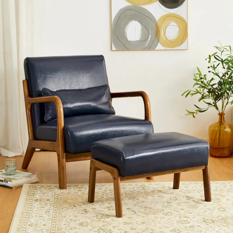 Glitzhome Set of 2 Mid-century Leatherette Ottoman Accent Stools