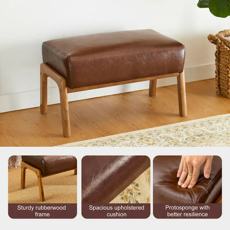 Glitzhome Set of 2 Mid-century Leatherette Ottoman Accent Stools