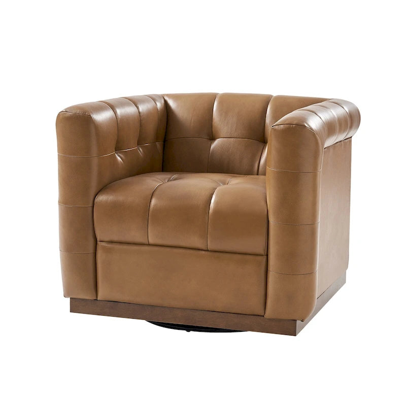 JeremiasMid-certury Modern GenuineLeatherTufted SwivelClubChair with Wooden Apron by HULALA HOME