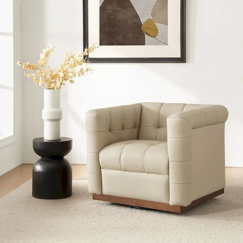 JeremiasMid-certury Modern GenuineLeatherTufted SwivelClubChair with Wooden Apron by HULALA HOME