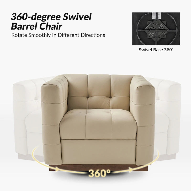 JeremiasMid-certury Modern GenuineLeatherTufted SwivelClubChair with Wooden Apron by HULALA HOME