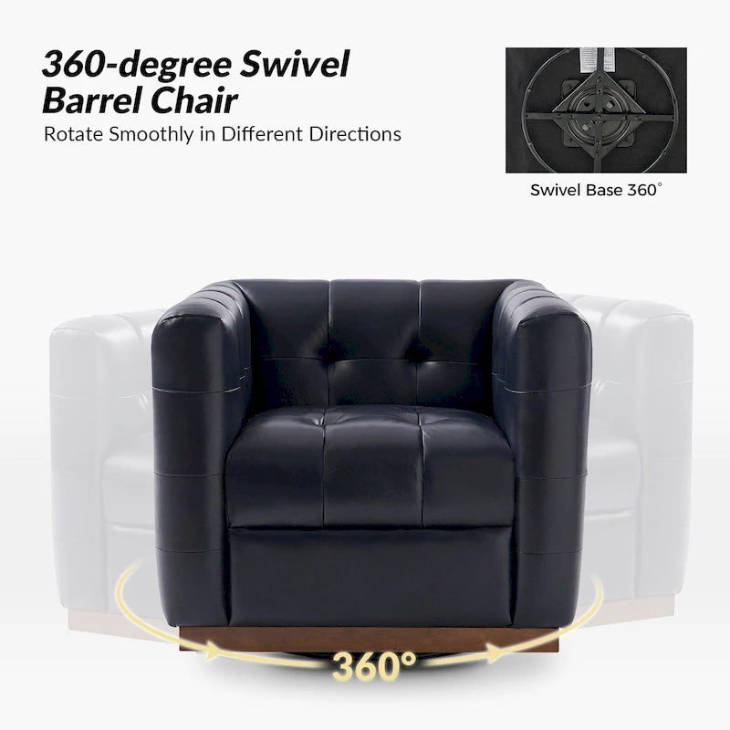 JeremiasMid-certury Modern GenuineLeatherTufted SwivelClubChair with Wooden Apron by HULALA HOME