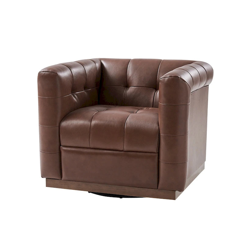 JeremiasMid-certury Modern GenuineLeatherTufted SwivelClubChair with Wooden Apron by HULALA HOME