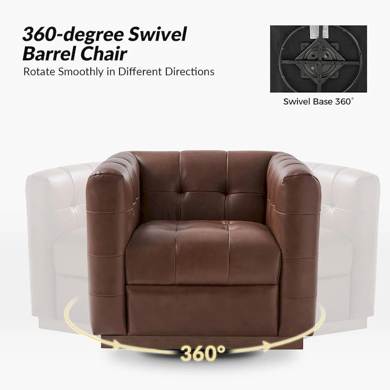 JeremiasMid-certury Modern GenuineLeatherTufted SwivelClubChair with Wooden Apron by HULALA HOME