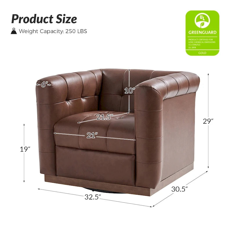 JeremiasMid-certury Modern GenuineLeatherTufted SwivelClubChair with Wooden Apron by HULALA HOME