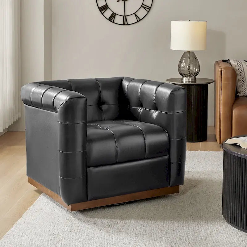 JeremiasMid-certury Modern GenuineLeatherTufted SwivelClubChair with Wooden Apron by HULALA HOME