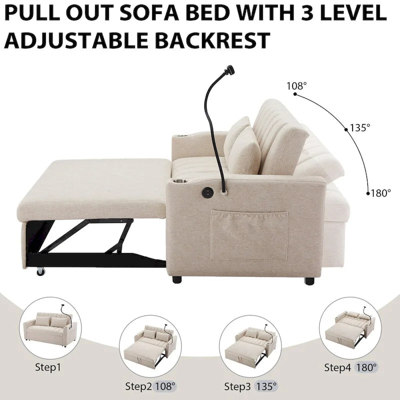 55.9 Convertible Sofa Bed Loveseat Sofa With Three Usb Ports