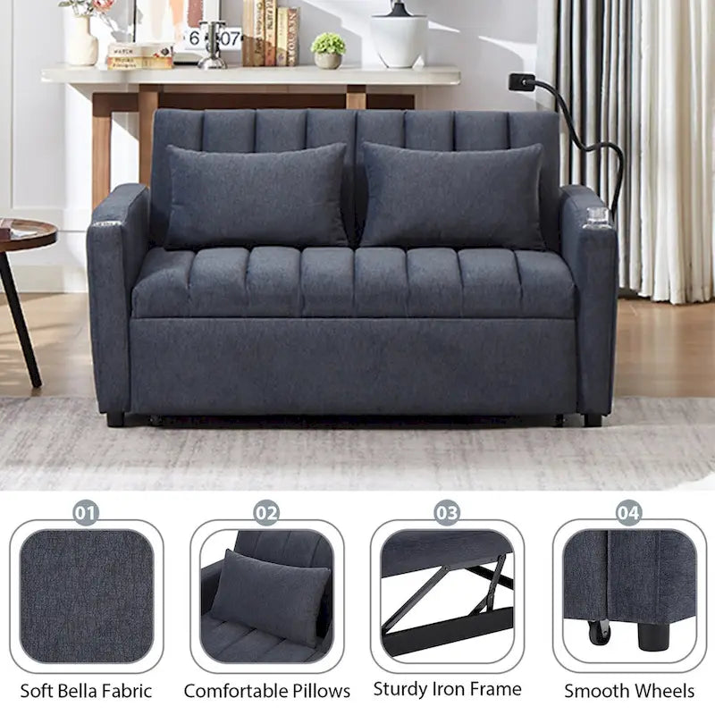 55.9 Convertible Sofa Bed Loveseat Sofa With Three Usb Ports