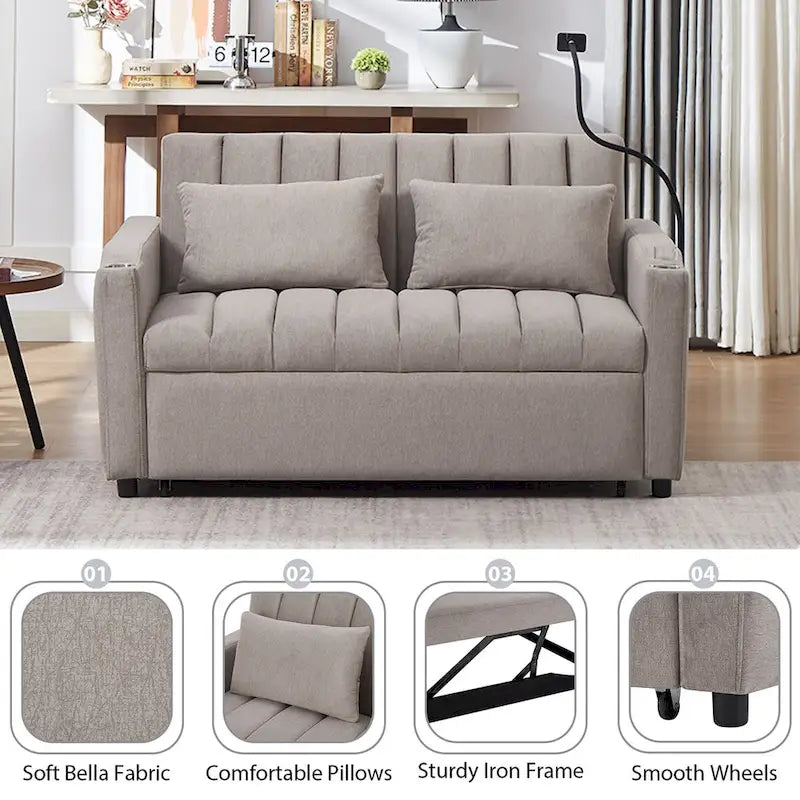 55.9 Convertible Sofa Bed Loveseat Sofa With Three Usb Ports