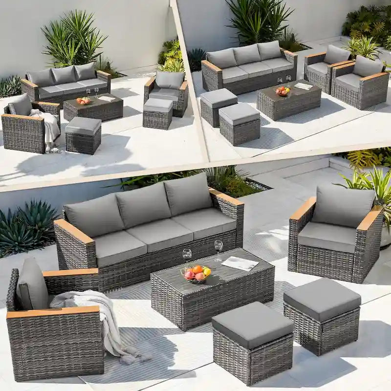 6-Piece Wicker Outdoor Sectional Furniture Set with Cushions and Coffee Table