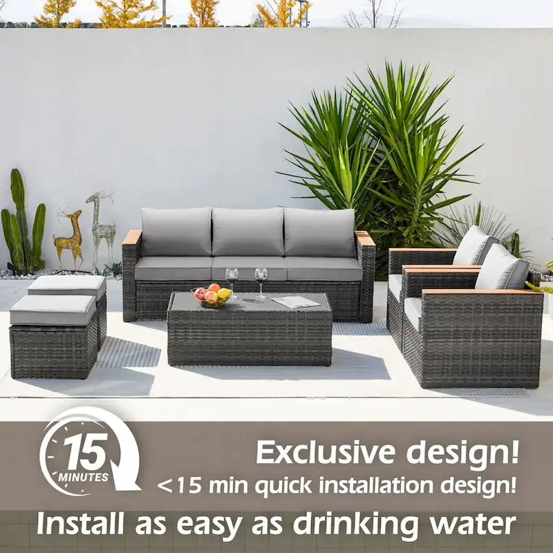 6-Piece Wicker Outdoor Sectional Furniture Set with Cushions and Coffee Table