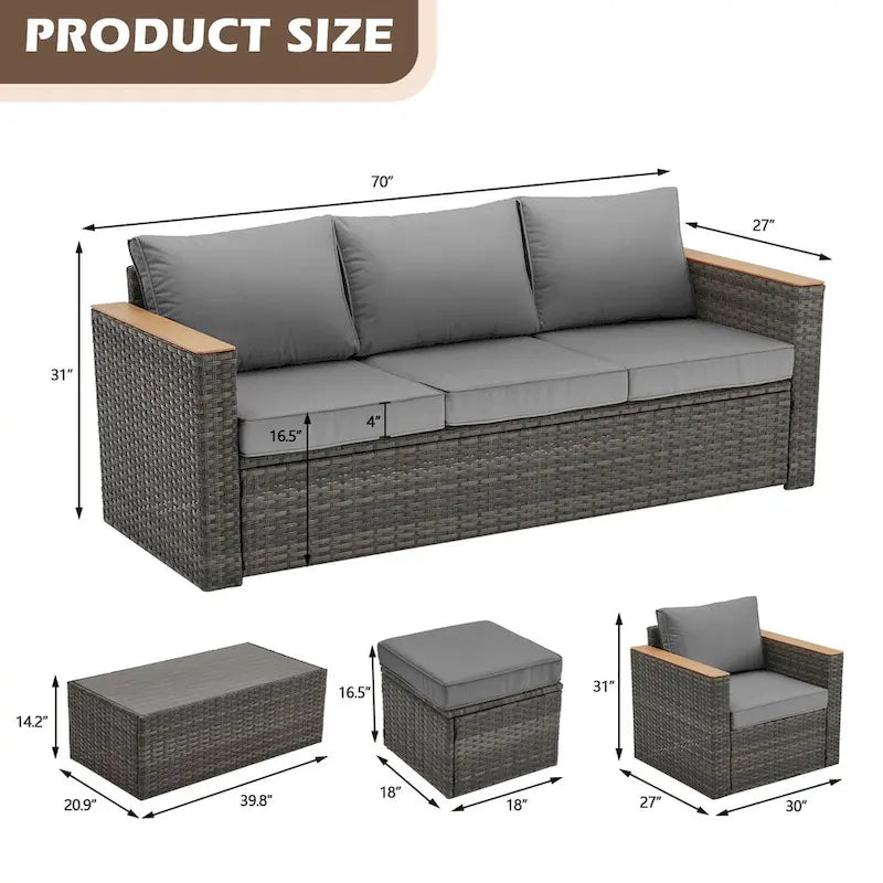 6-Piece Wicker Outdoor Sectional Furniture Set with Cushions and Coffee Table
