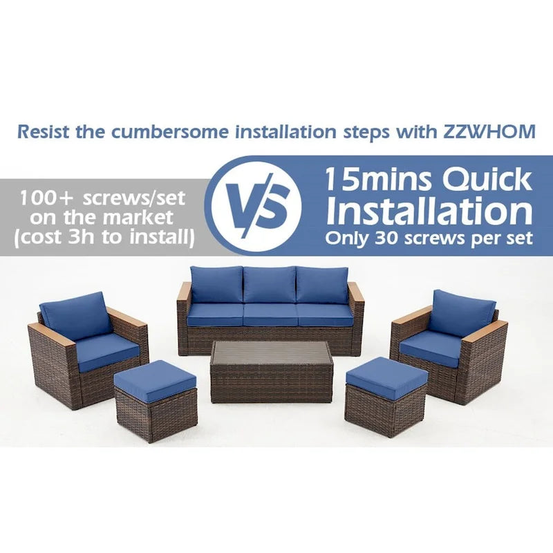 6-Piece Wicker Outdoor Sectional Furniture Set with Cushions and Coffee Table