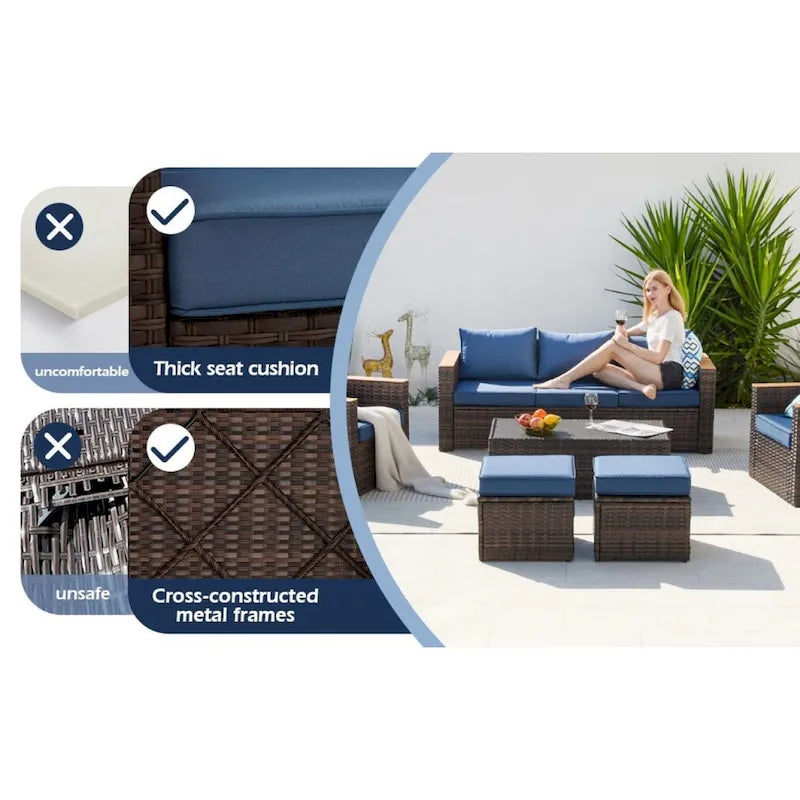 6-Piece Wicker Outdoor Sectional Furniture Set with Cushions and Coffee Table