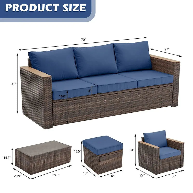 6-Piece Wicker Outdoor Sectional Furniture Set with Cushions and Coffee Table