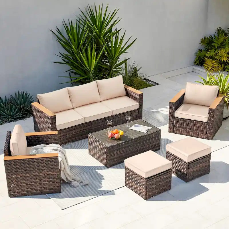 6-Piece Wicker Outdoor Sectional Furniture Set with Cushions and Coffee Table