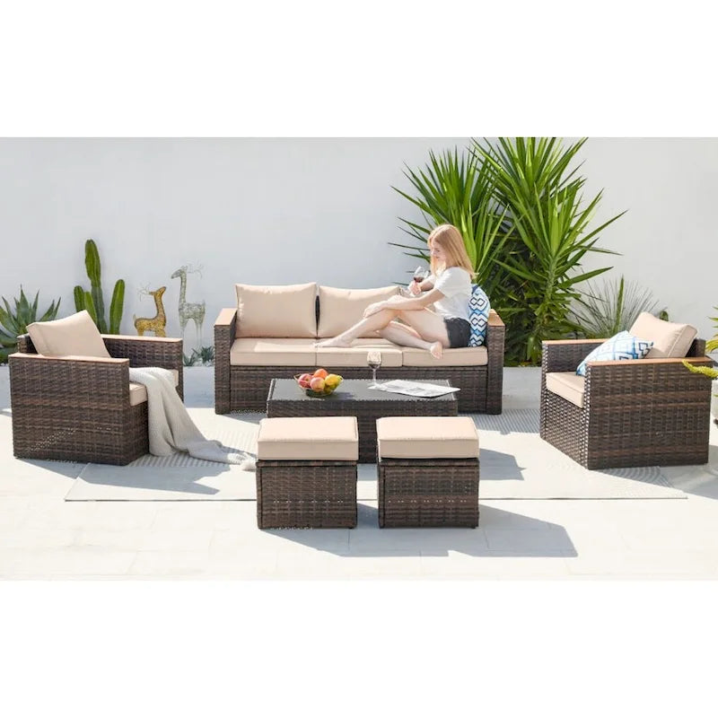 6-Piece Wicker Outdoor Sectional Furniture Set with Cushions and Coffee Table