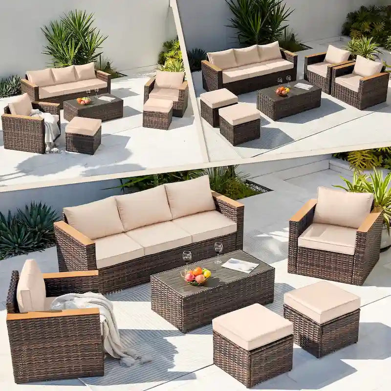 6-Piece Wicker Outdoor Sectional Furniture Set with Cushions and Coffee Table