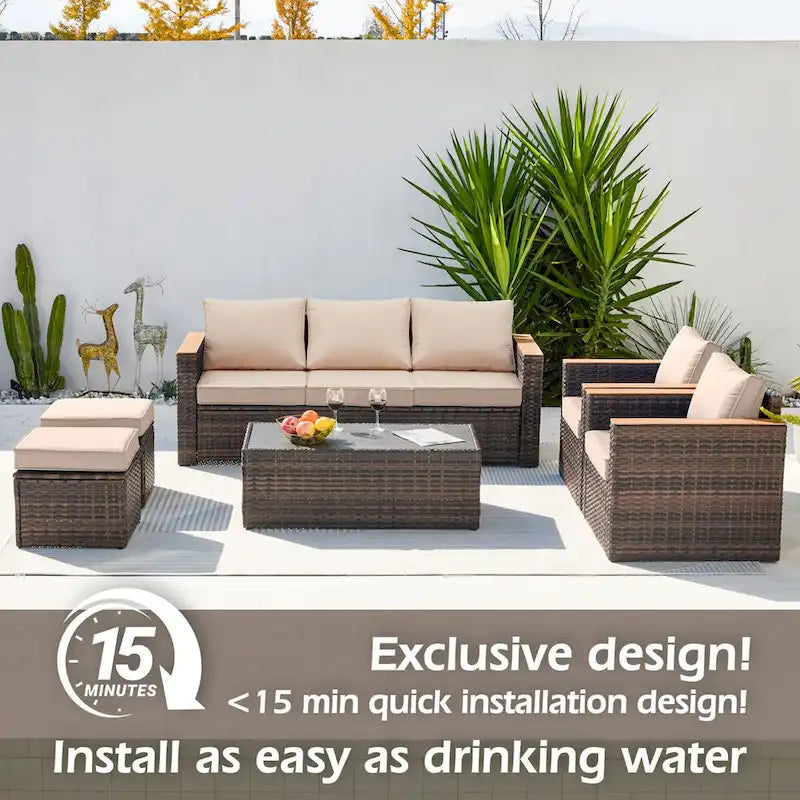 6-Piece Wicker Outdoor Sectional Furniture Set with Cushions and Coffee Table