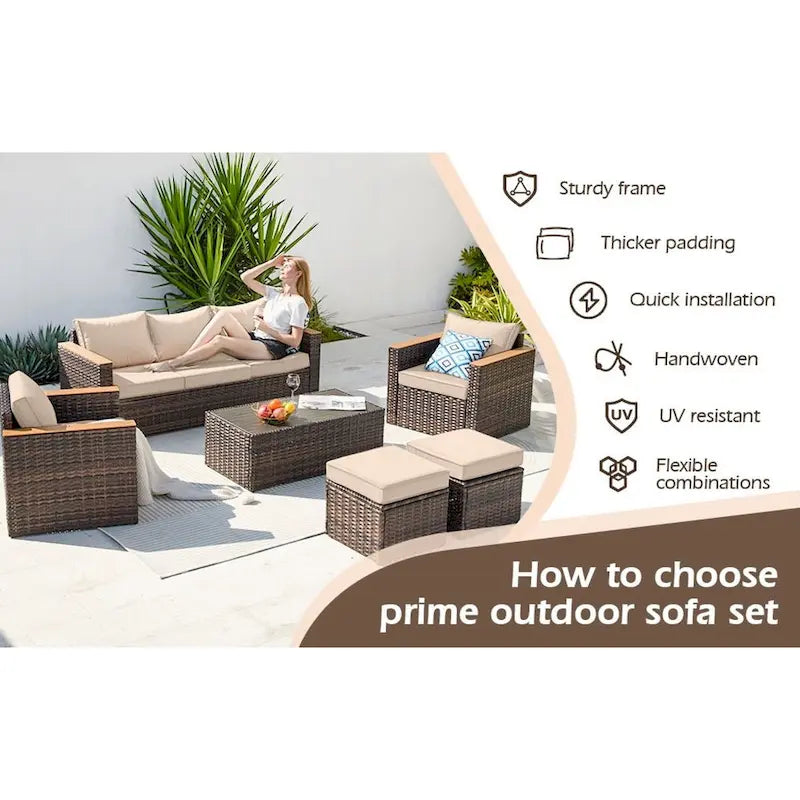 6-Piece Wicker Outdoor Sectional Furniture Set with Cushions and Coffee Table