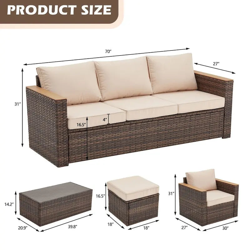 6-Piece Wicker Outdoor Sectional Furniture Set with Cushions and Coffee Table