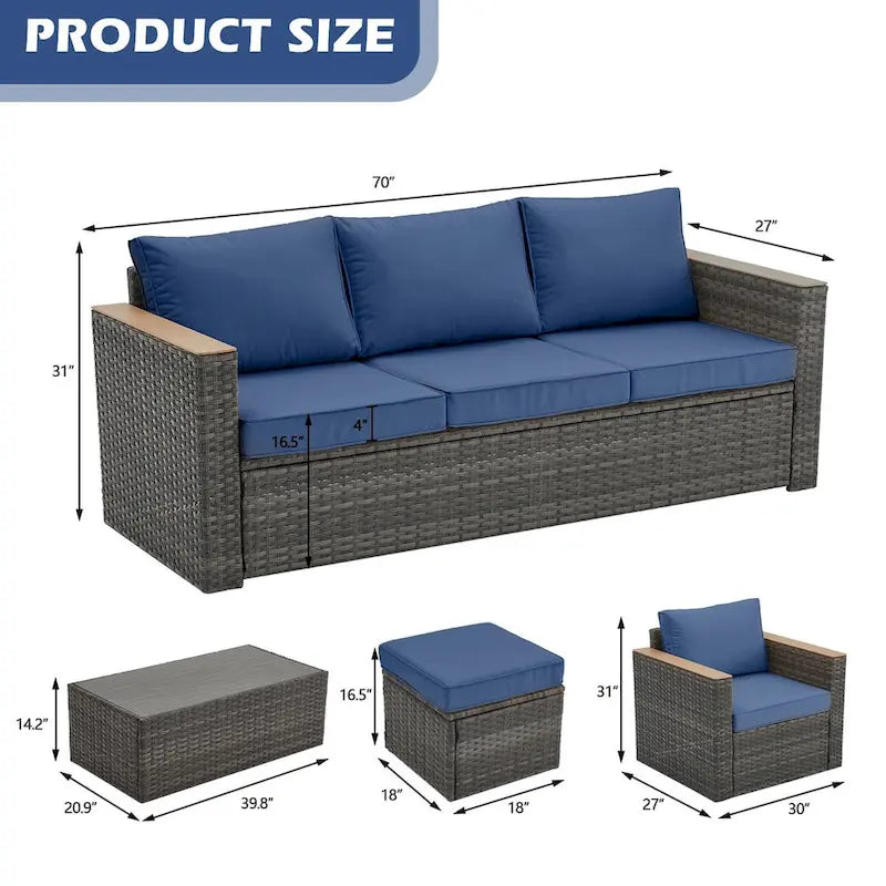 6-Piece Wicker Outdoor Sectional Furniture Set with Cushions and Coffee Table