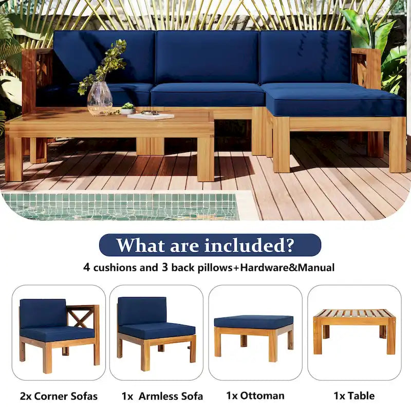 Natural Acacia Wood Outdoor Sectional Sofa Set