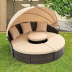 Rattan Round Lounge With Canopy Bali Canopy Bed Outdoor, Wicker Outdoor Sofa Bed with lift coffee table
