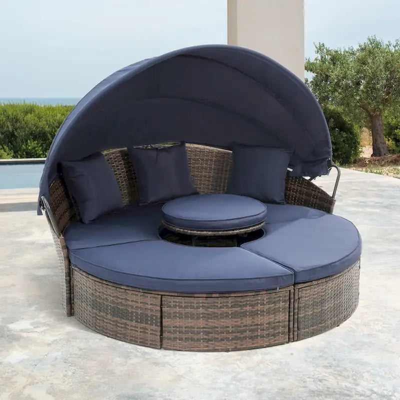 Lettino rotondo in rattan con baldacchino stile Bali per esterni, Divano letto da esterno in vimini con tavolino da caffè a scomparsa
