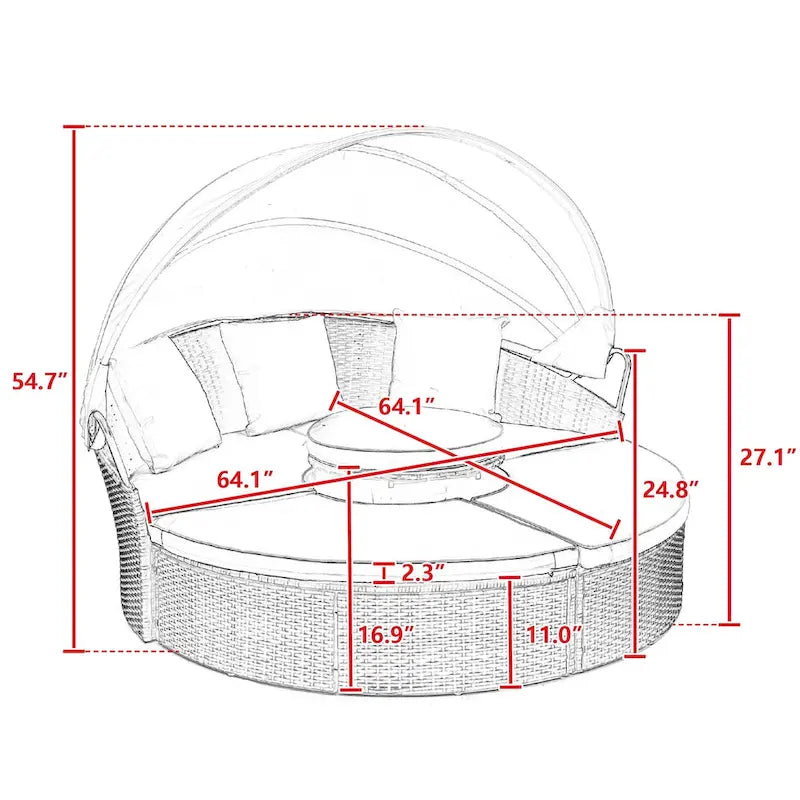 Rattan Round Lounge With Canopy Bali Canopy Bed Outdoor, Wicker Outdoor Sofa Bed with lift coffee table