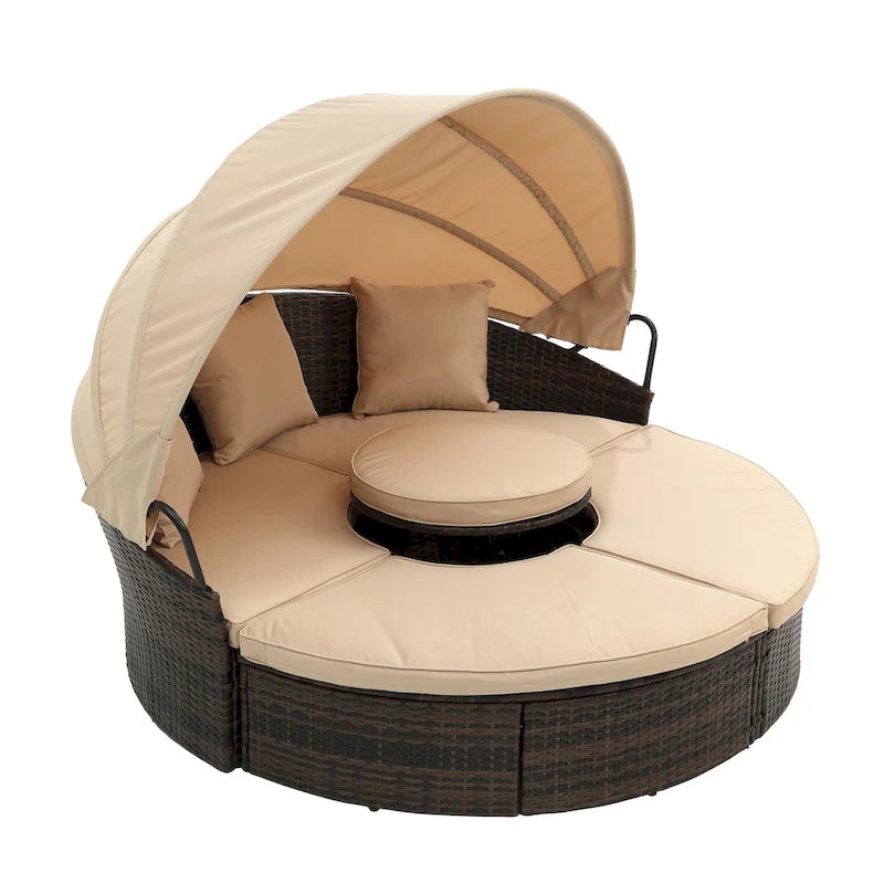 Rattan Round Lounge With Canopy Bali Canopy Bed Outdoor, Wicker Outdoor Sofa Bed with lift coffee table