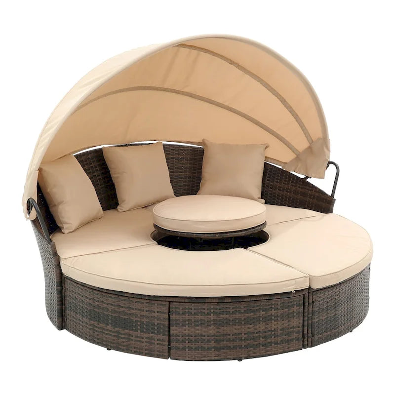 Rattan Round Lounge With Canopy Bali Canopy Bed Outdoor, Wicker Outdoor Sofa Bed with lift coffee table
