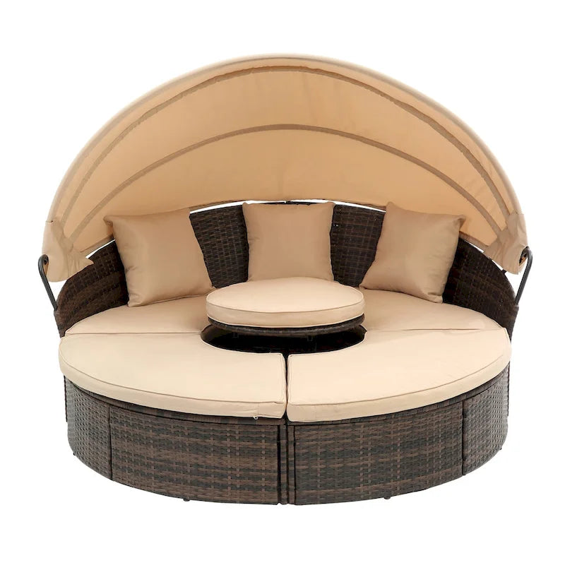 Rattan Round Lounge With Canopy Bali Canopy Bed Outdoor, Wicker Outdoor Sofa Bed with lift coffee table